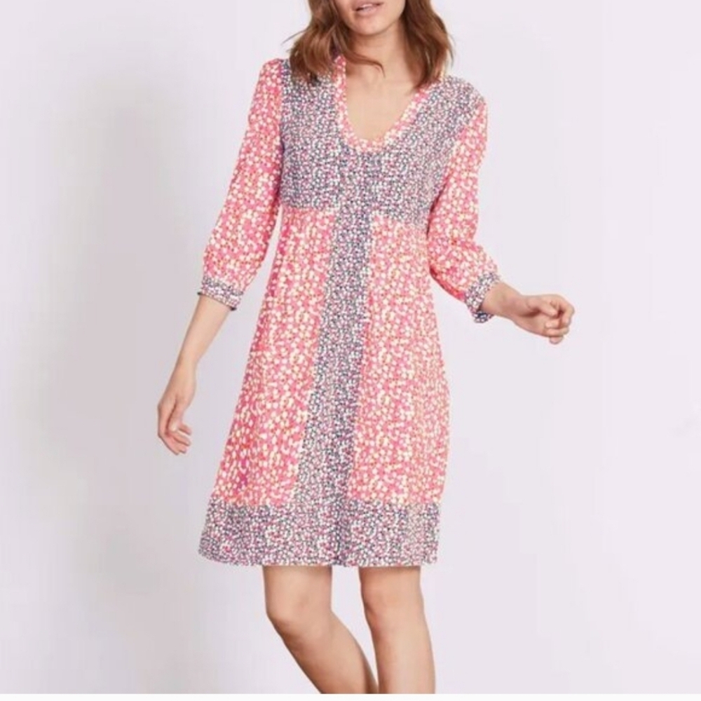 Boden Mollie Dress Size 6L 6 Long Pink Blue Circles 3/4 Sleeve